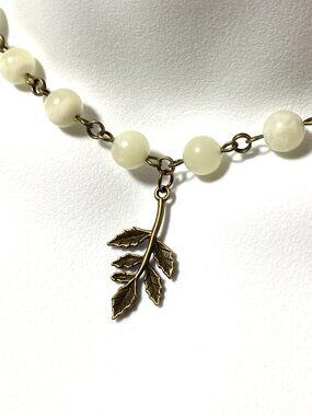 Natural Pale Green Serpentine Short Necklace, Gemstone & Bronze Leaf Branch